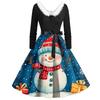 Christmas Print Flare Dress For Women Long Sleeve Dress Hollow Party Casual Dresses