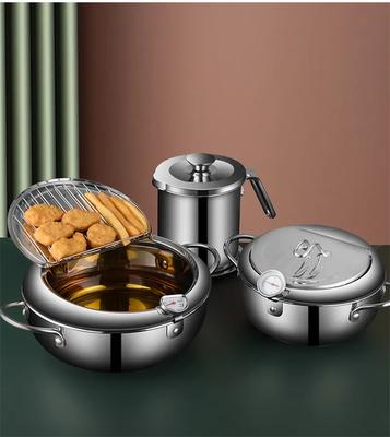 Marmite japonaise profonde avec thermomètre et couvercle en acier inoxydable 304 pour friteuse à tempura de cuisine 20 casseroles et poêles de 24 cm