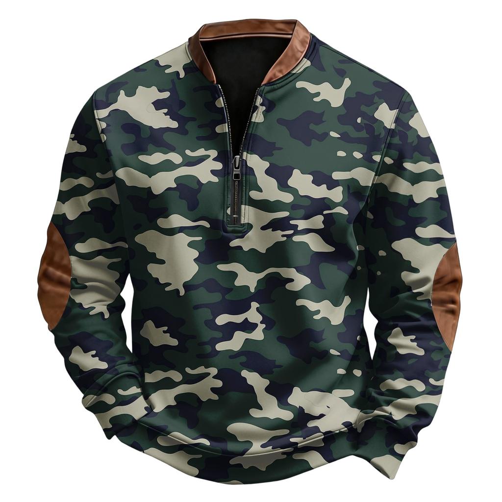 Men's Casual, Trendy, Retro American Camouflage Printed Round-neck Long-sleeved Half-pull One-piece Sweatshirt