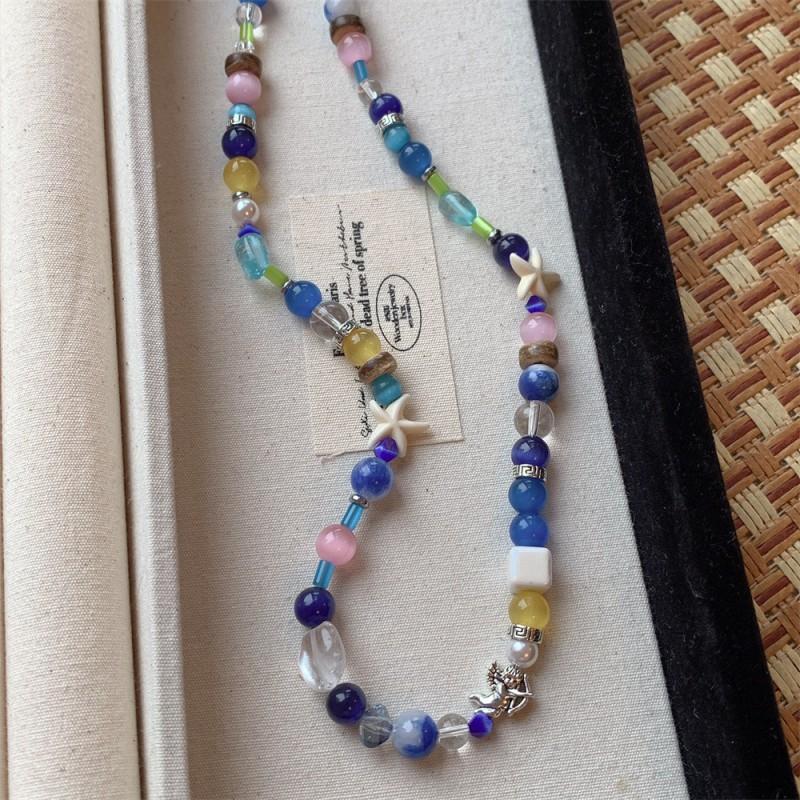 Handmade Korean Style Colorblock Cat Eye Bead Necklace Women Layered Sweet Minimalist Choker Chain