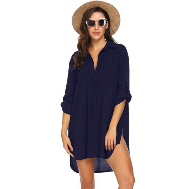 Summer Women's Wear V-neck Solid Color Design Sun-protective Shirt, Light Beach Smock