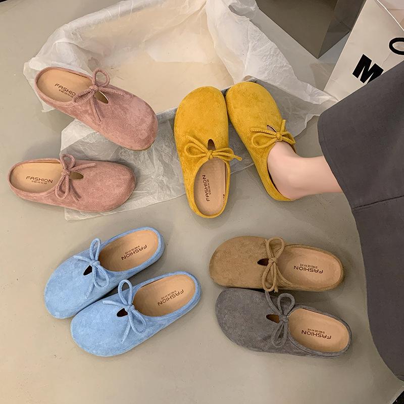 Retro and versatile 2025 autumn new bow one-pedal soft-soled half-slippers flat-bottomed Boken bag head slippers women