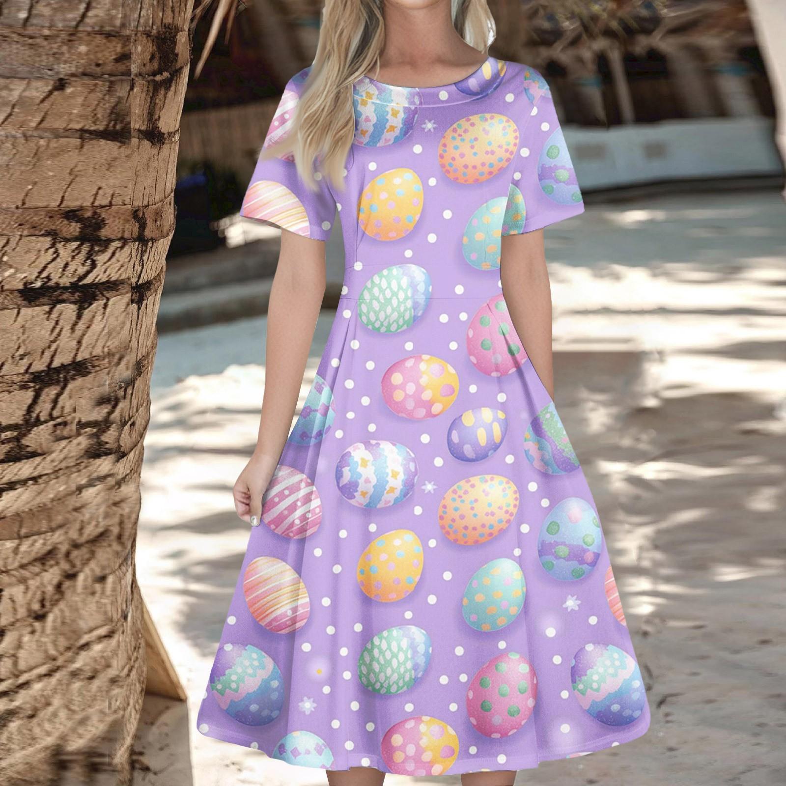 

Женское повседневное модное платье с пасхальным принтом, круглое платье с коротким рукавом и талией, средней длины (с молнией) XL