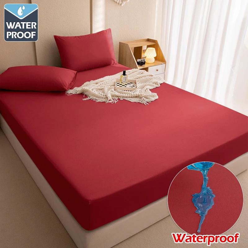 1 Waterproof Fitted Sheet,Solid Color Bed Cover Sheet, Bed Cover Mattress Cover Elastic Band Bed Skirt Breathable Sheet Only 1 Sheet