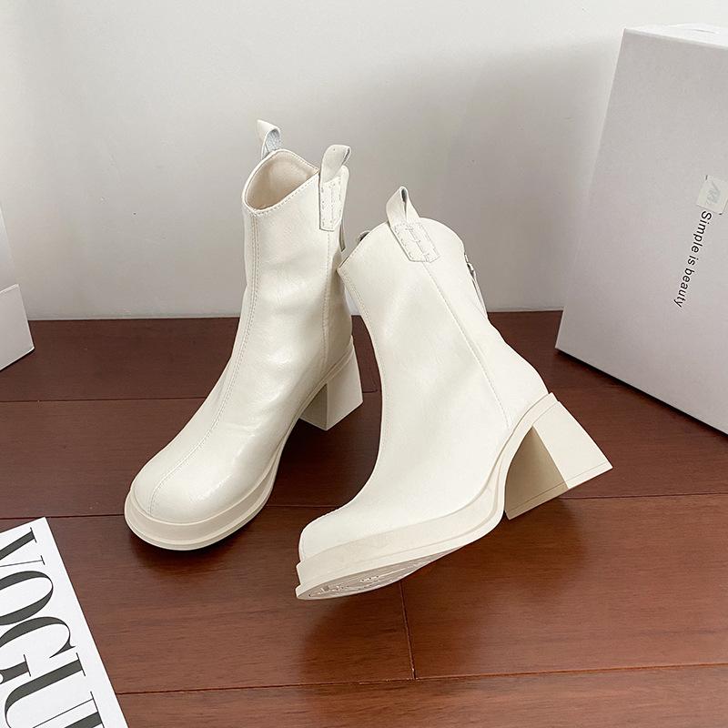 2025 autumn and winter new white thick-heeled short boots women's leather versatile thick-soled British Martin boots high-heeled thin boots