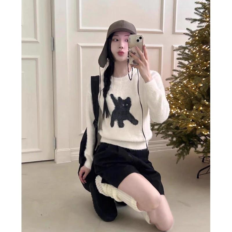 Korean Indie AEAE Glowing Eye Cartoon Fluffy Cat Wool Knit Sweater Loose Round Neck Pullover Teens