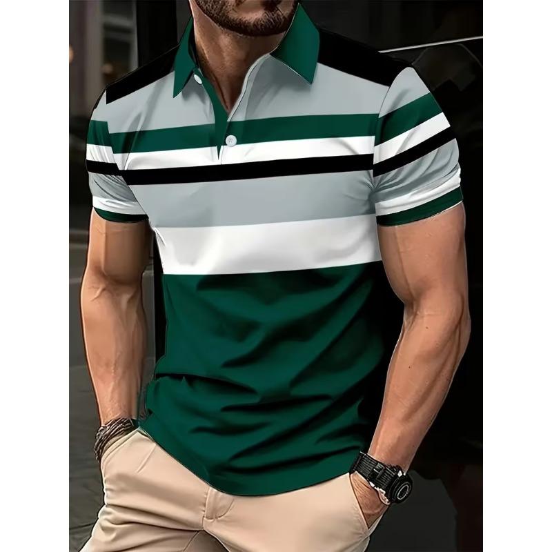 Men's Summer Short Sleeve Polo Shirts, Classic Striped Sporty Top, Fashionable Lapel Button-Up Men's Polo Shirts