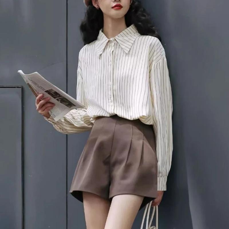 Stripe Women White Shirts Korean Elegant Loose Long Sleeve Female Blouse Autumn New Turn Down Collar Office Ladies Casual Tops