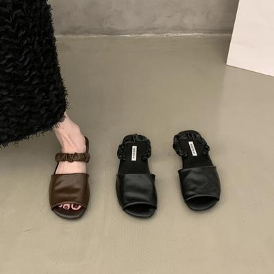 2025 Estate Nuova Moda Ciabatte da Esterno Nere da Donna Punta Rotonda Piatti Fascia Frontale da Viaggio Sandali Moda in Vera Pelle