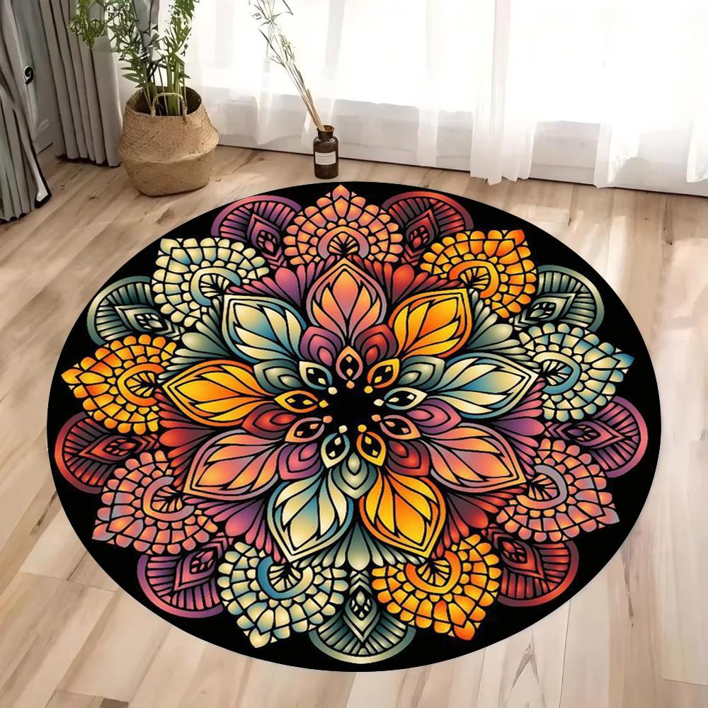 Colorful 3D Mandala Mystery Chakra Print Round Rug Meditation and Yoga Non-Slip Machine Washablefor Bedroom and Living Room