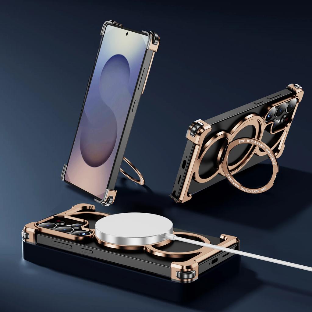 Aluminum Alloy Hollow Heat Dissipation Phone Case, for Samsung S26 S25 S24 S23 Ultra Magnetic Frameless Rotating Bracket Case
