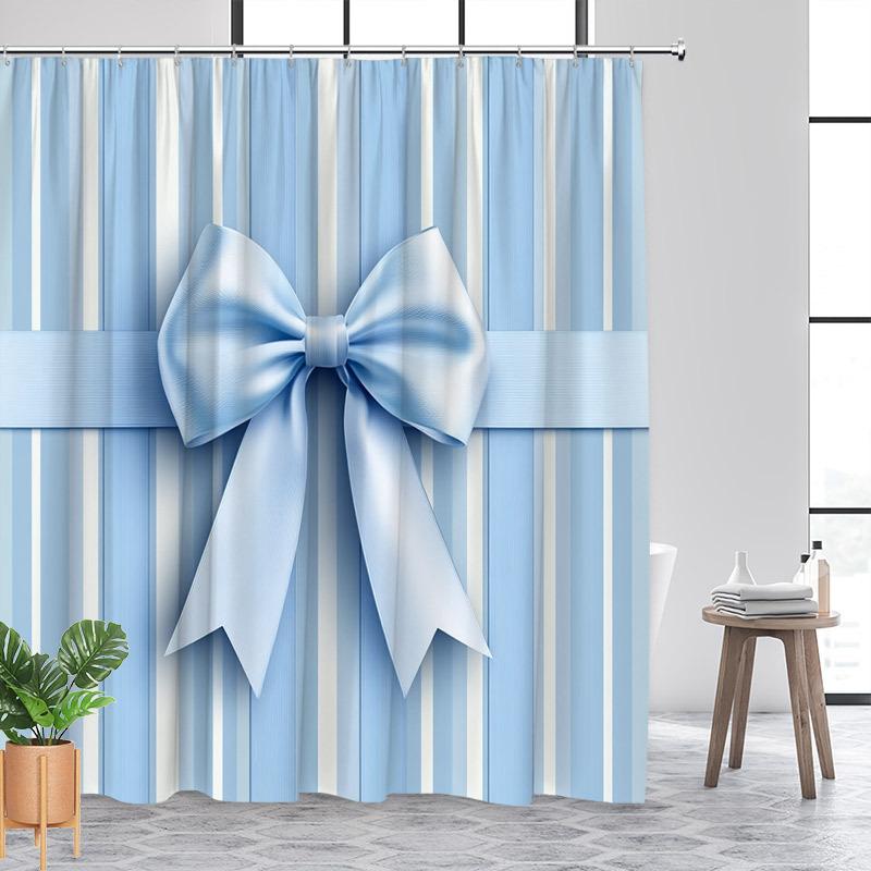 Elegant Blue Satin Bow Shower Curtain - Light Blue & White Striped Design, Calming Pastel Style, Machine Washable Polyester
