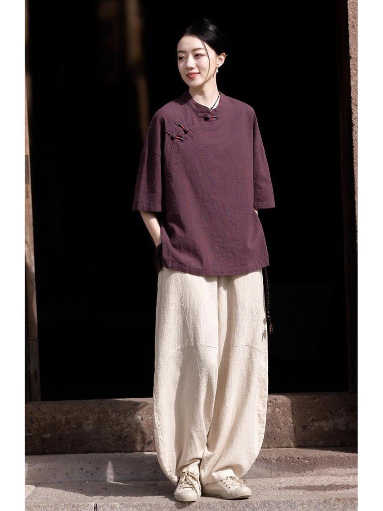 Women’s Retro Chinese Style Short Sleeve Stand Collar Shirt with Frog Button, Loose Ramie Sand-Washed T-shirt – 2024 Spring/Summer Collection
