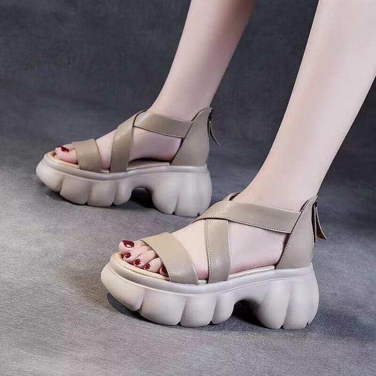 

New Chinese muffin bottom retro style thick sole heightening versatile Roman sandals women s 2025 summer new cross belt 40 абрикосовий
