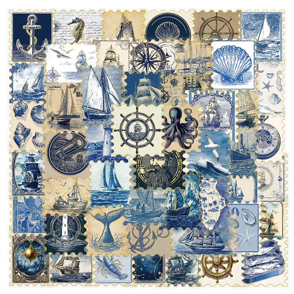 50pcs Retro Blue Nautical Stickers for Laptop, Journal, Phone Case - Waterproof DIY Decor
