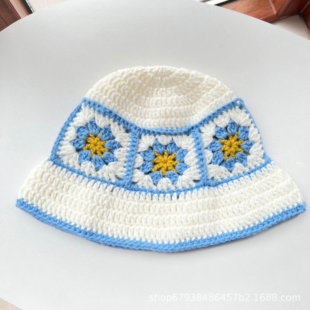 Flower Crochet Bucket Hat Women's Autumn and Winter Warm Wool Handmade Hat Foreign Style Versatile Age-reducing Basin Hat Ethnic Trend