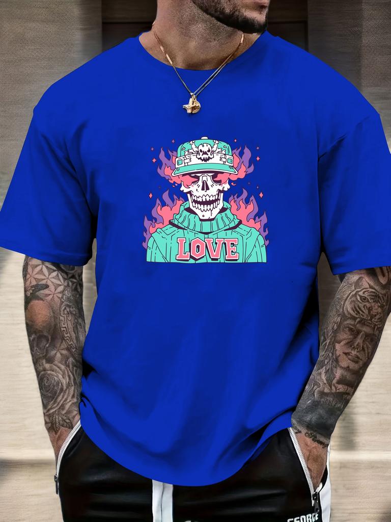 Mens Casual Tshirt Skull Love Flame Print Short Sleeve Round Neck Breathable Soft Oversized Edgy Daily Wear Tee