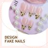 24Pcs Leopard Print French Tip Press On Nails Medium Almond Fake Nails Bow Glue On Nail 3D Pearl Gems Cute False Nails French Stick On Nail Bow