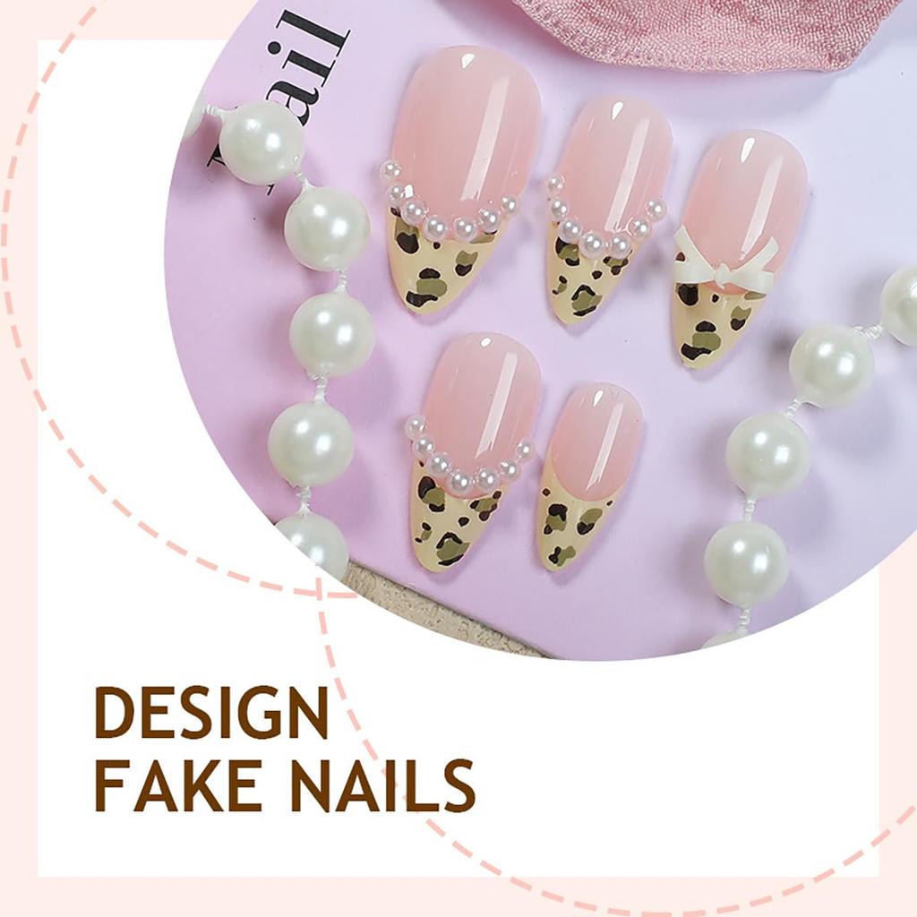 24Pcs Leopard Print French Tip Press On Nails Medium Almond Fake Nails Bow Glue On Nail 3D Pearl Gems Cute False Nails French Stick On Nail Bow