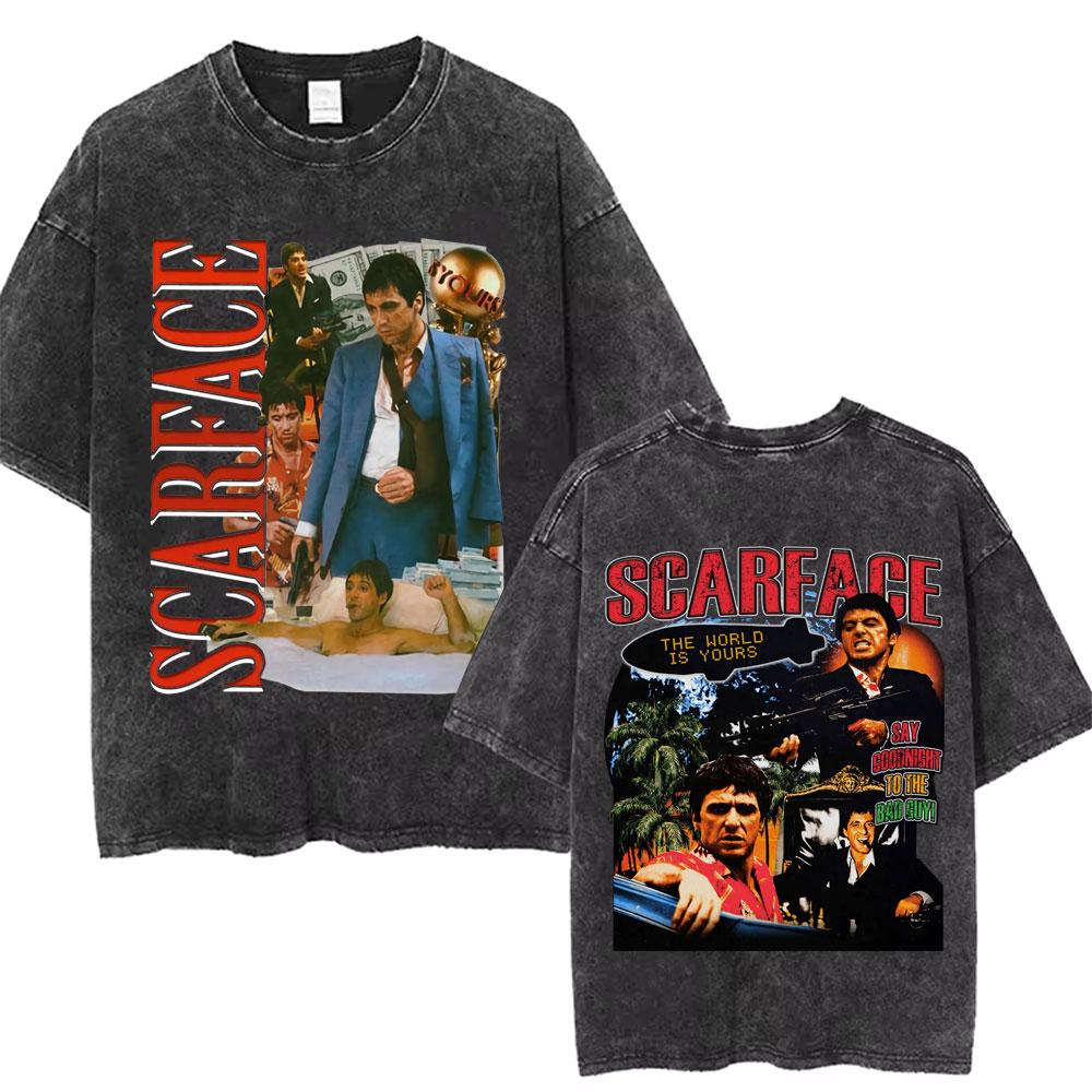 Movie Scarface Vintage Washed Tshirt Tony Montana Face Al Pacino Oversized Tshirts Men Women Fashion Hip Hop Gothic T Shirts