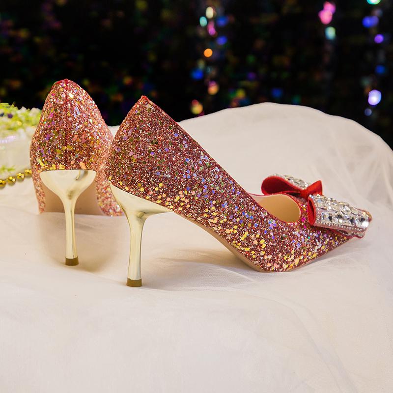 Rimocy Red Shiny Sequins Thin Heel Pumps Women 2025 Fashion Crystal Bow Wedding Party Shoes Woman Bling High Heeled Bridal Shoes