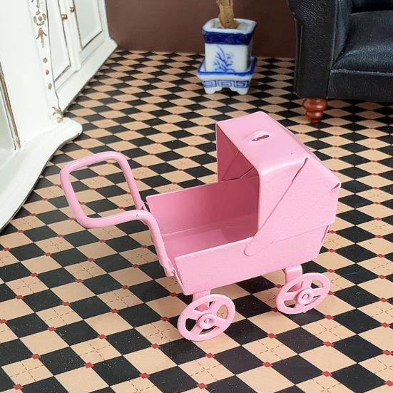 1:12 Miniature Baby Stroller Mini Nursery Car Toy Small Metal Baby Carriage Model for Kids Pretend Play Accessories Doll House Furniture