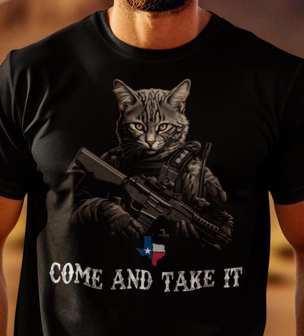 

Техас Приди и возьми Патриотическая футболка США Искусство кота-воина Футболка с флагом Техаса L
