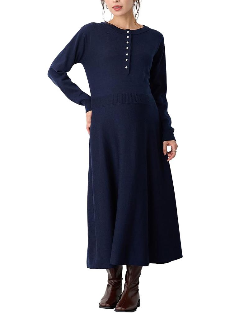 Maternity Long Sleeve Dress Pearl Button Dress Long Loose Body Covering Pregnant Women Free Navy [ANGELIEBE] Women's Prenatal/Postnatal