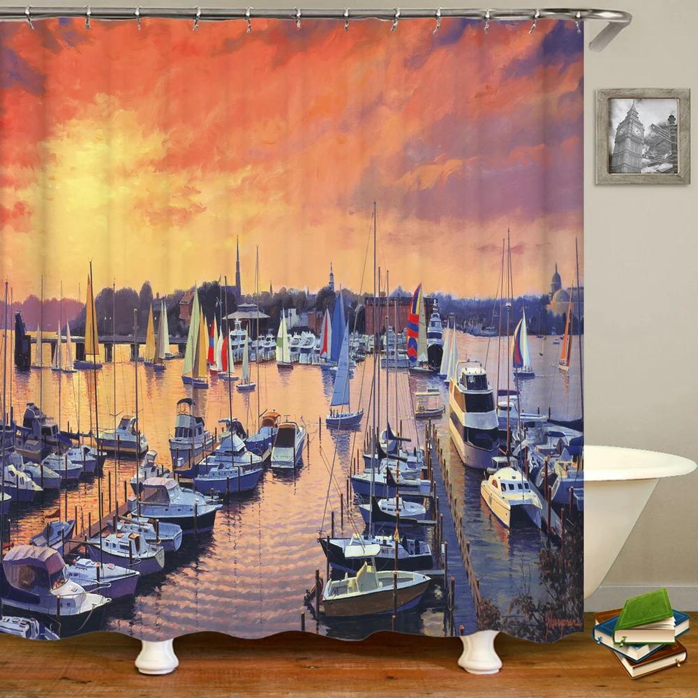 Town Street Scenery Shower Curtains Home Decor Polyester Fabric Bathroom Shower Curtains Oil Painting Waterproof Bath Curtains