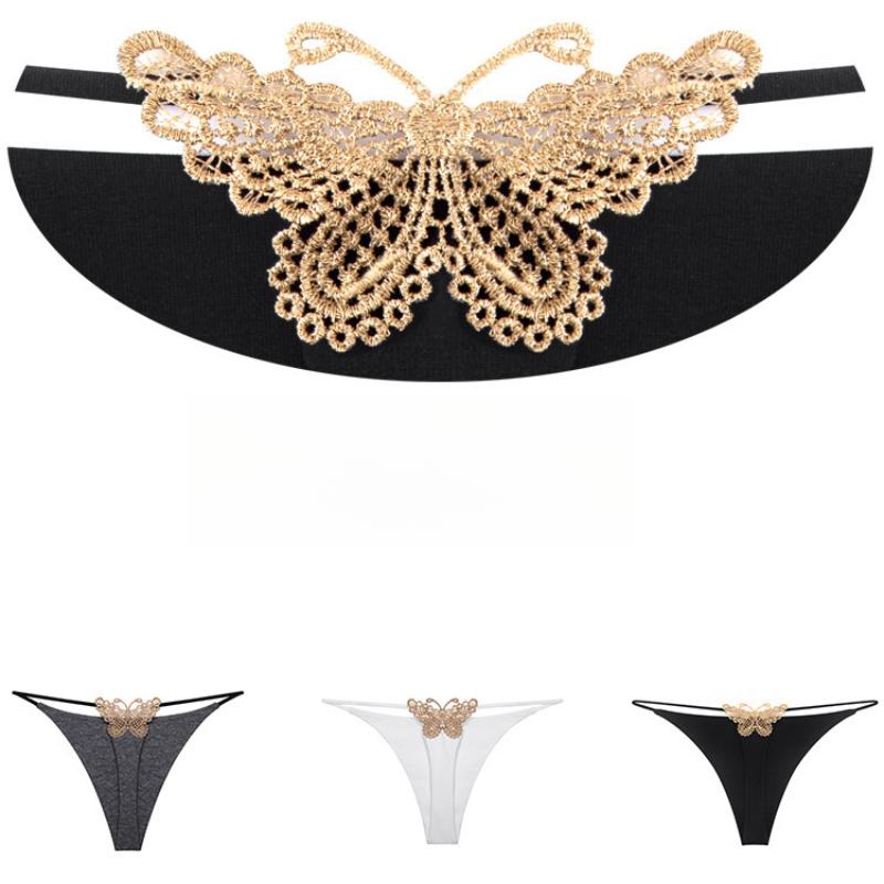 Tanga sexy pentru femei cu broderie fluture Chiloți bikini Lenjerie de corp din bumbac Pantaloni T
