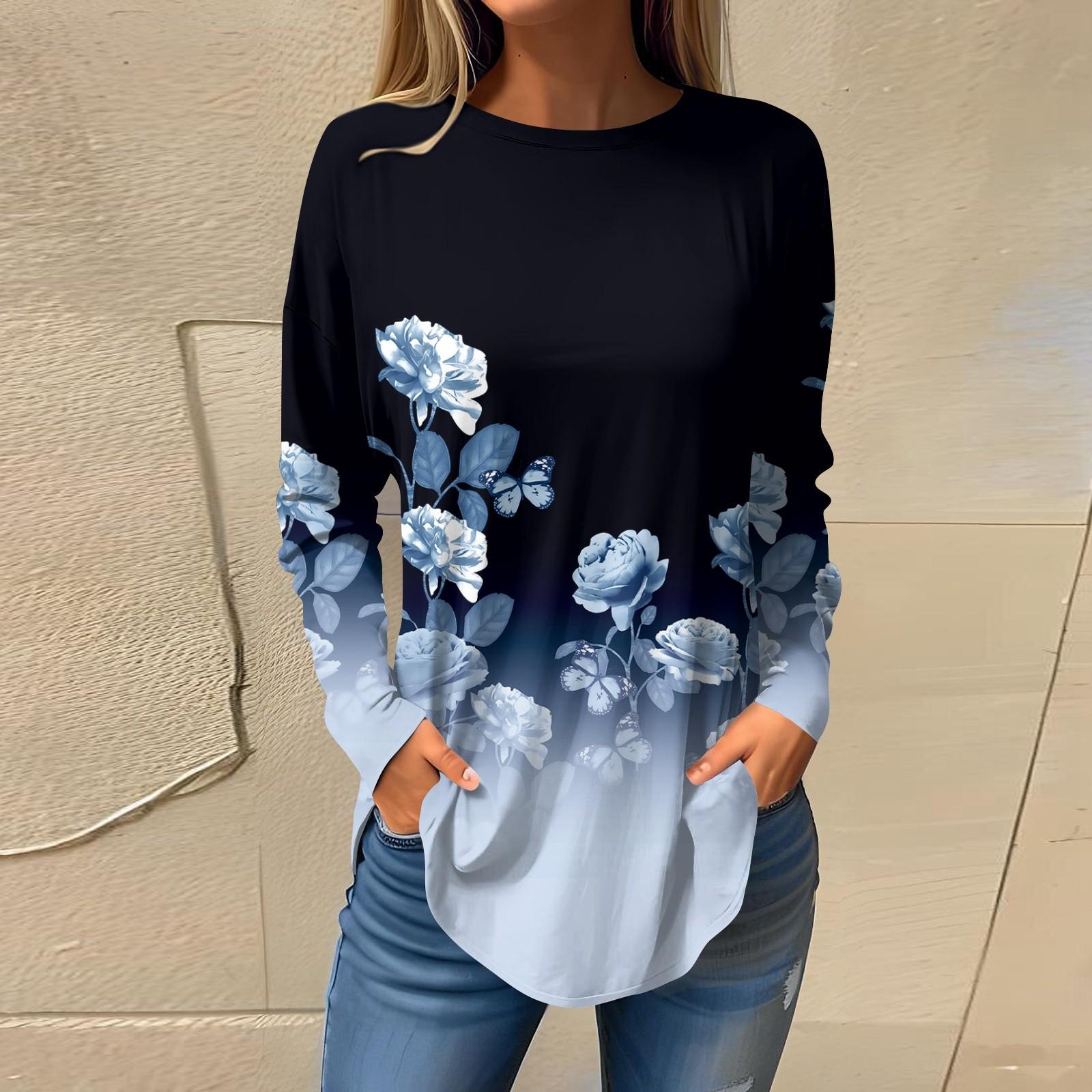 

Футболки для женщин, осенние повседневные рубашки с длинными рукавами, толстовка с ретро-принтом, топ, пуловер M тёмно-синий