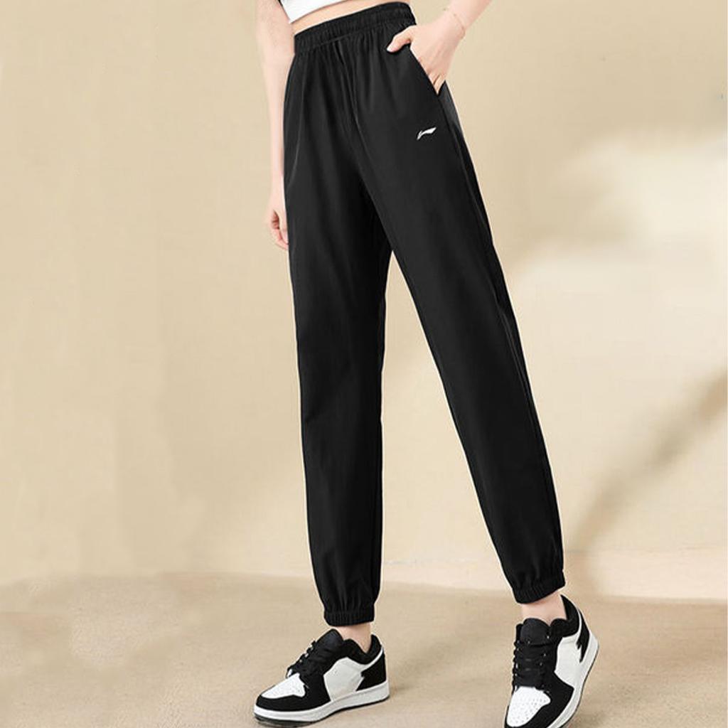 Li-Ning Solid Color Loose Mid Waist Elastic Cuff Knitted Sports Pants Women bottoms Black AKLUE34-1
