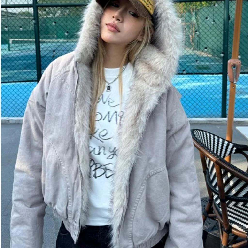 American Retro Fur Collar Hooded Jacket Women Y2K Streetwear Winter New Velvet Thickened Warm Harajuku Loose Casual Jacket