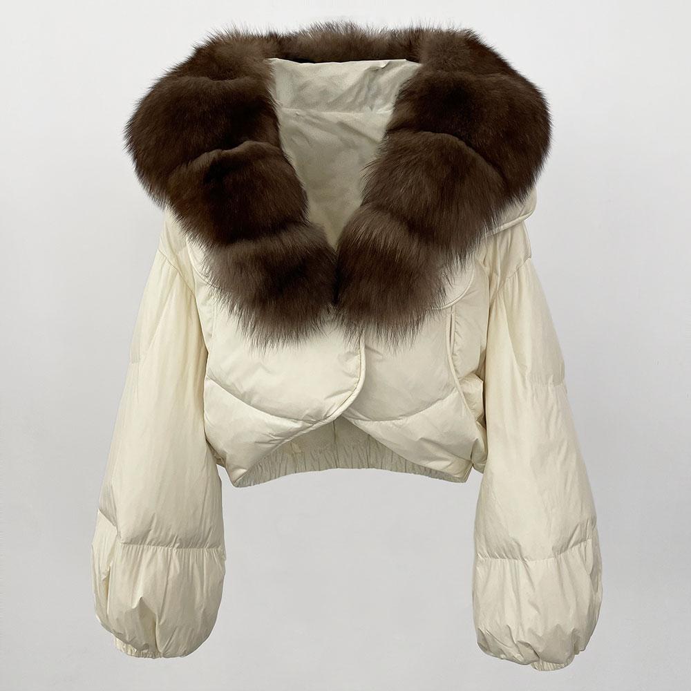 OFTBUY Jachetă de lux îngroșată și caldă de puf, la modă de iarnă, 90% puf de rață alb, haină scurtă pentru femei, cu guler de blană supradimensionat