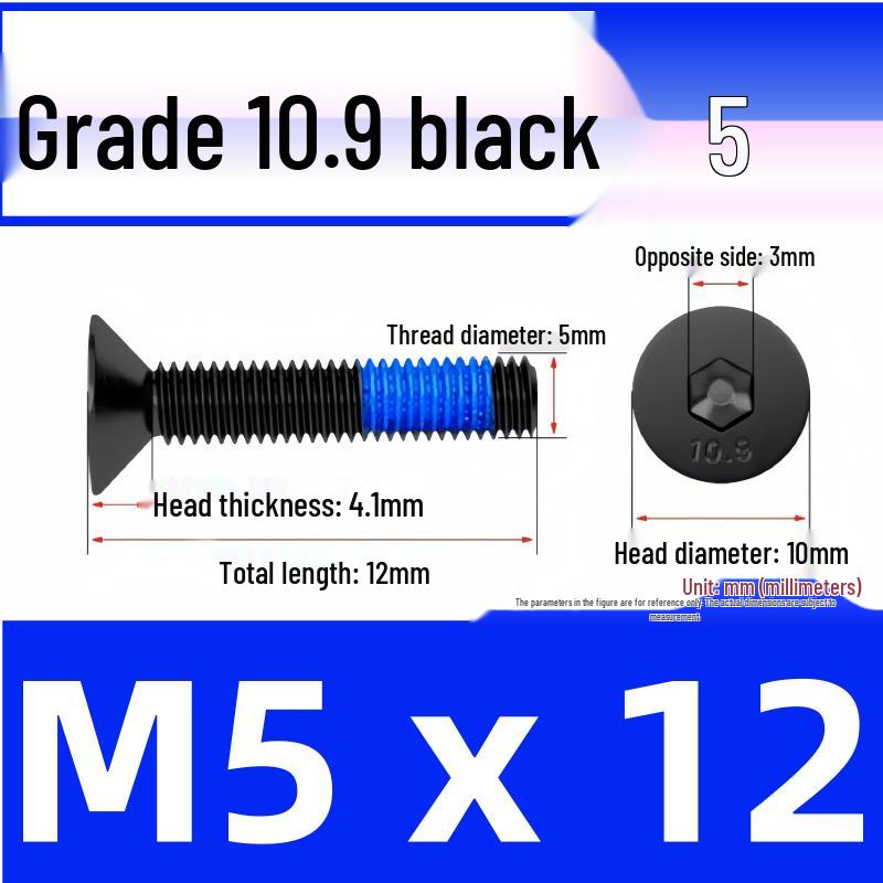 Black Anti-Slip Flat Cup Screw with Adhesive Blue Glue, Countersunk Hexagon Socket, Available in M2-M8 Sizes