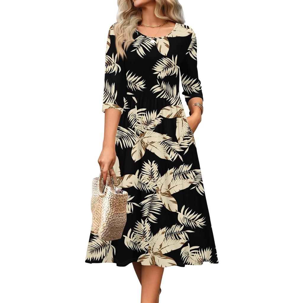 Dámské šaty s 3/4 rukávem, ležérní, splývavé, áčkového střihu, midi tričkové šaty s kapsami, kulatý výstřih, na dovolenou, boho, plážové letní šaty