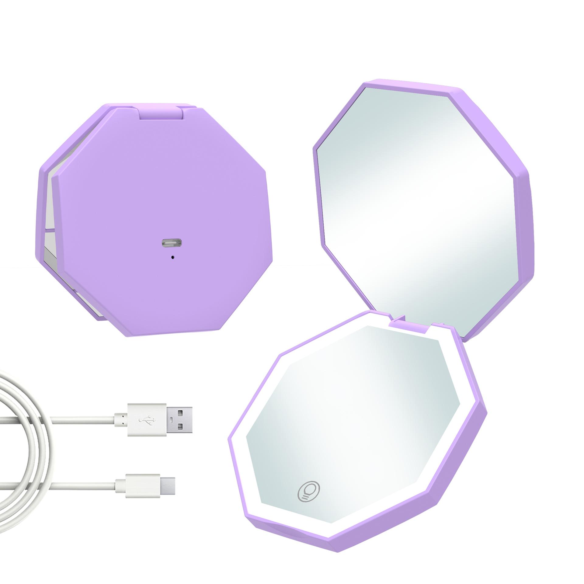 

Octagonal LED Makeup Mirror Portable Handheld Portable Rechargeable Three Color Light Makeup Mirror