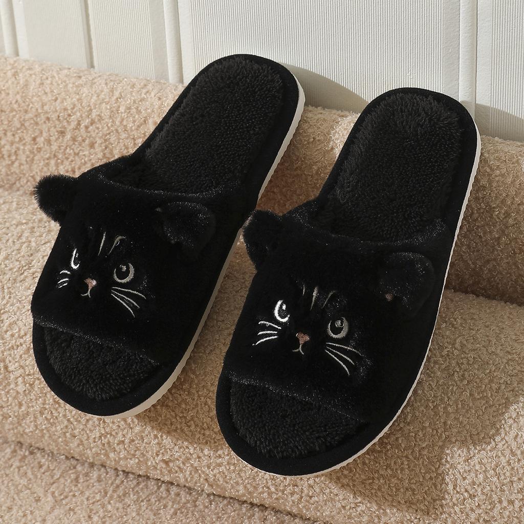 Women's Plush Cat Slippers with Cute Cartoon Kitty Face Design - Soft Fabric Upper- All-Season House Shoes for Home, House Slippers
