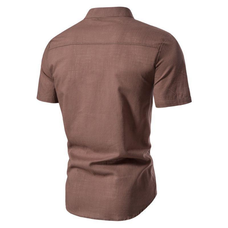 Baumwolle Leinen Herren Kragen Knopf Langarm Tops Sommer Grandad Shirt Bluse T-Shirt