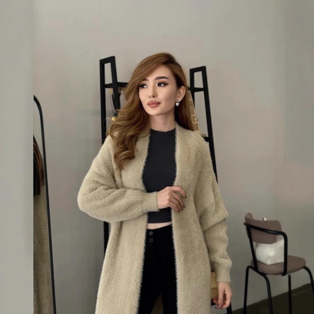 Soft Waxy Knitted Sweater Cardigan Women's Autumn and Winter New Casual Loose and Thin Lazy Style Imitation Mink Velvet Long Coat