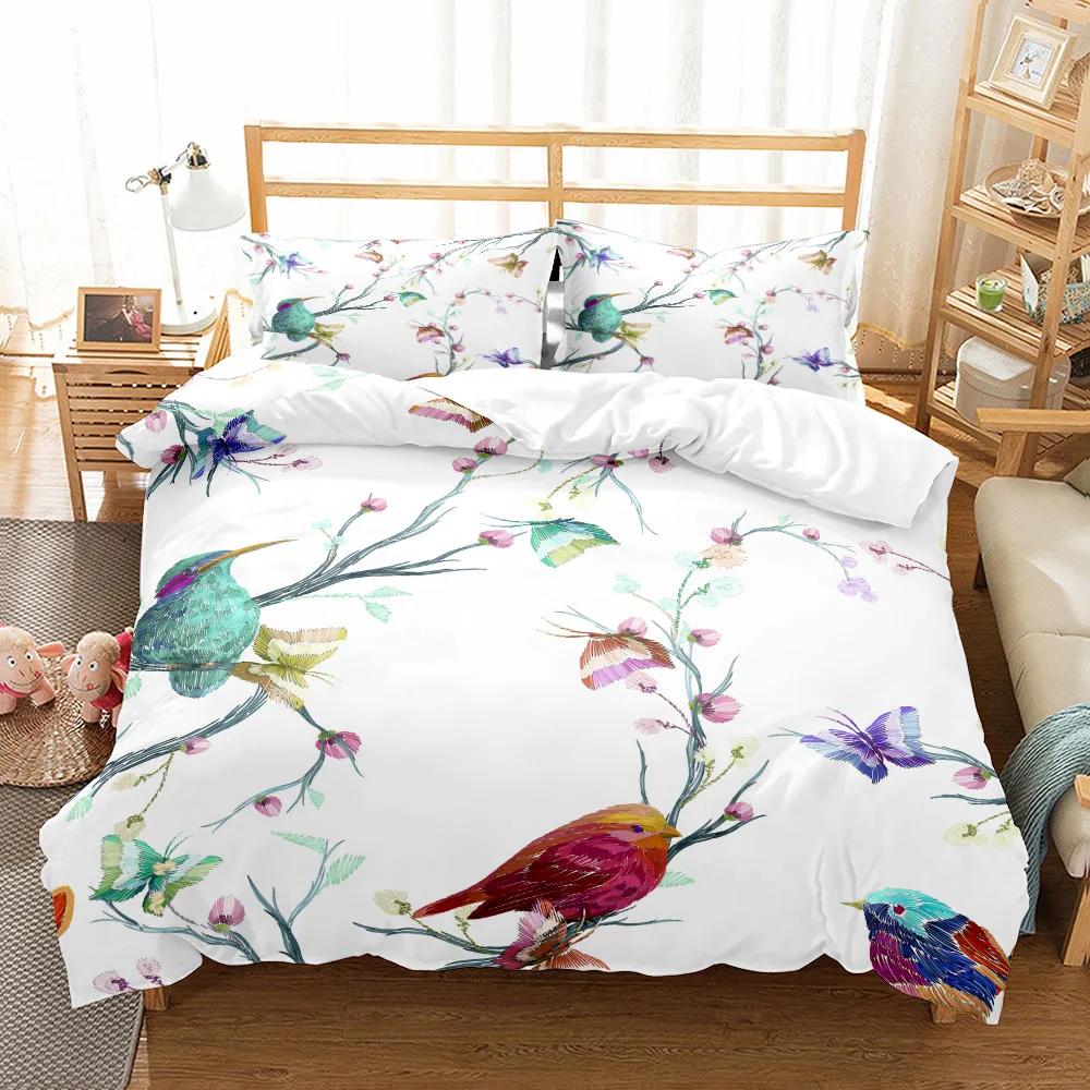 Flowers Parrot King Queen Duvet Cover Cartoon Birds Floral Bedding Set For Adults Animals Leaves 2/3Pcs Polyester Quilt Cover