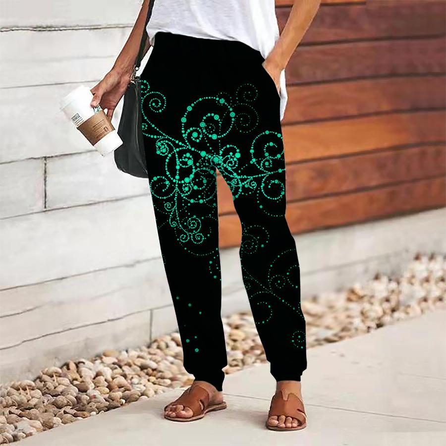 Pantalones de Mujer Estampado Retro Cordones Cintura Elástica Pantalones Holgados Casuales Largos Pantalones con Bolsillos