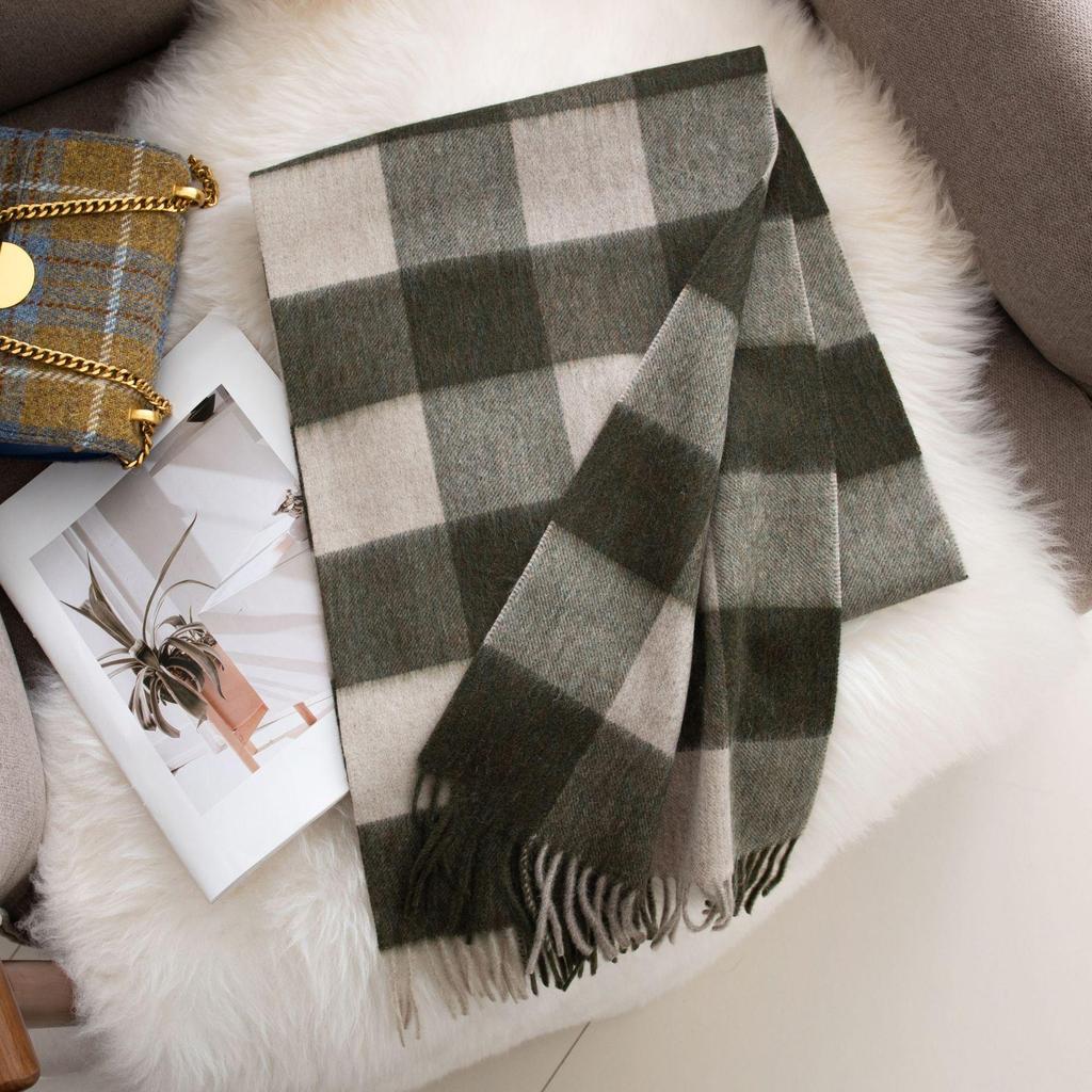 100% Wool Plaid Scarf for Women - High-end, Warm, Versatile with Tassels - Perfect for Autumn and Winter