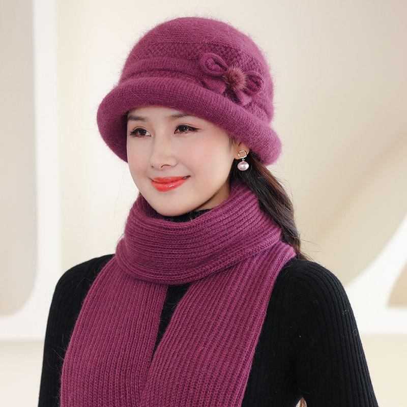 Fleece Warm Knitted Rabbit Fur Hat Women Autumn and Winter Cold Gloves Scarf Basin Hat Tide Elderly