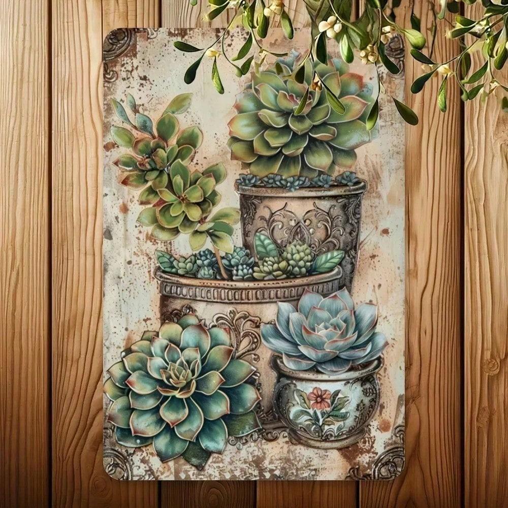 

Vintage Succulents Metal Poster 8x12 Inch Wall Art Rustic Kitchen Decor