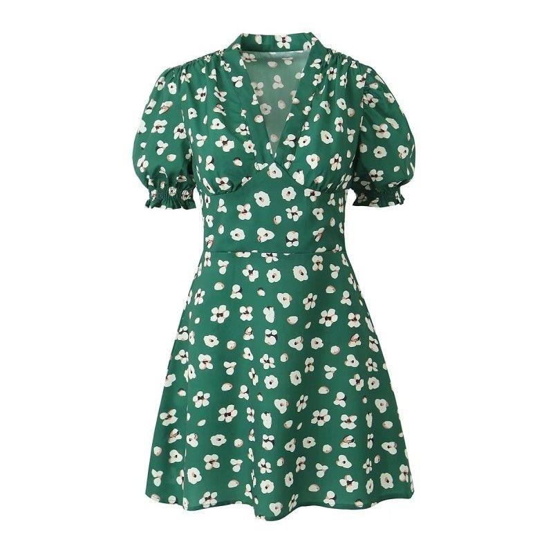 

Retro Green Shivering V Neck Tea Break Slim Looking Dress Green floral(High quality) L