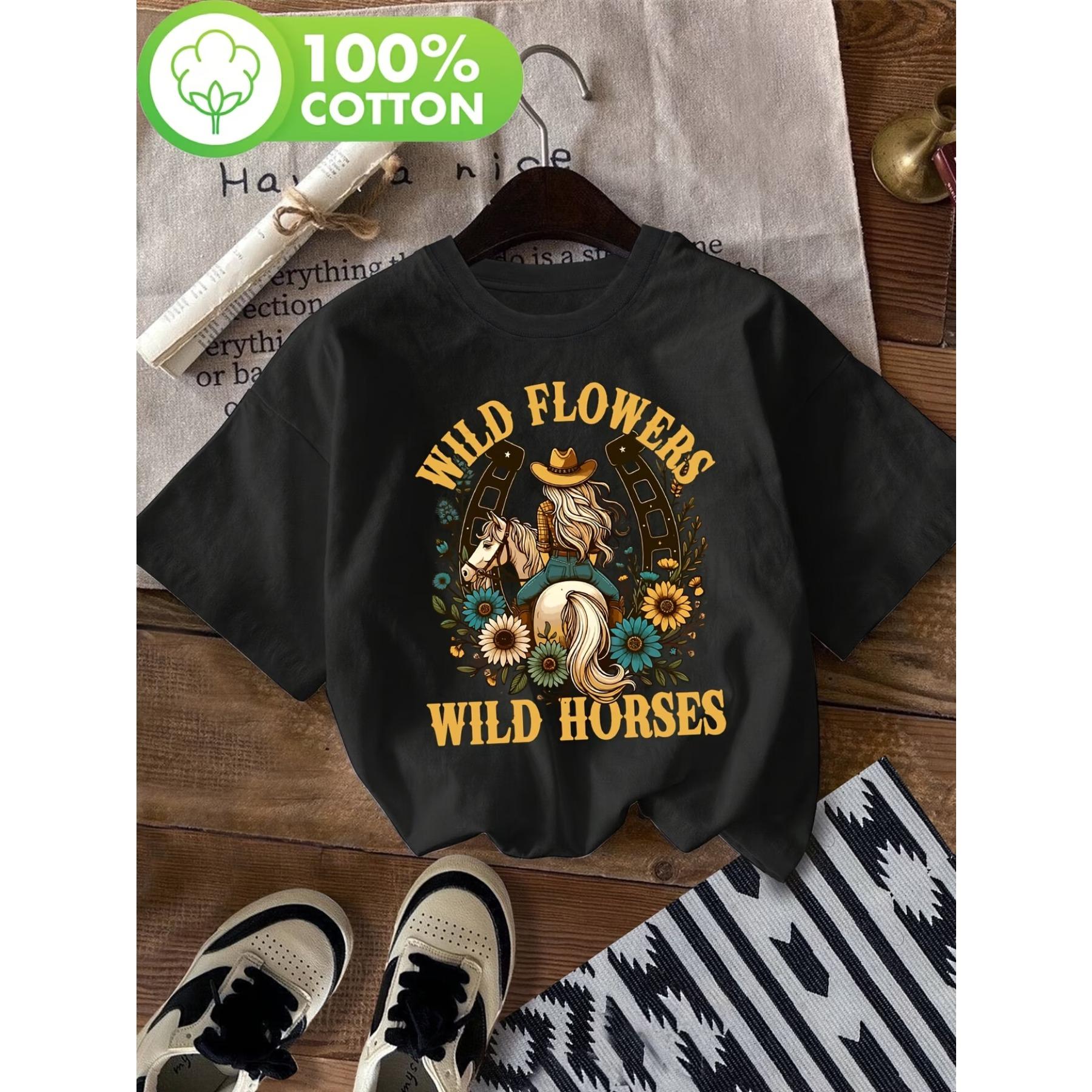 Ретро Южный Закат Ковбойка Дикие Цветы - Принт Дикие Лошади Футболка | Повседневный Топ с Коротким Рукавом и Круглым Вырезом для Лета и Весны S чёрный