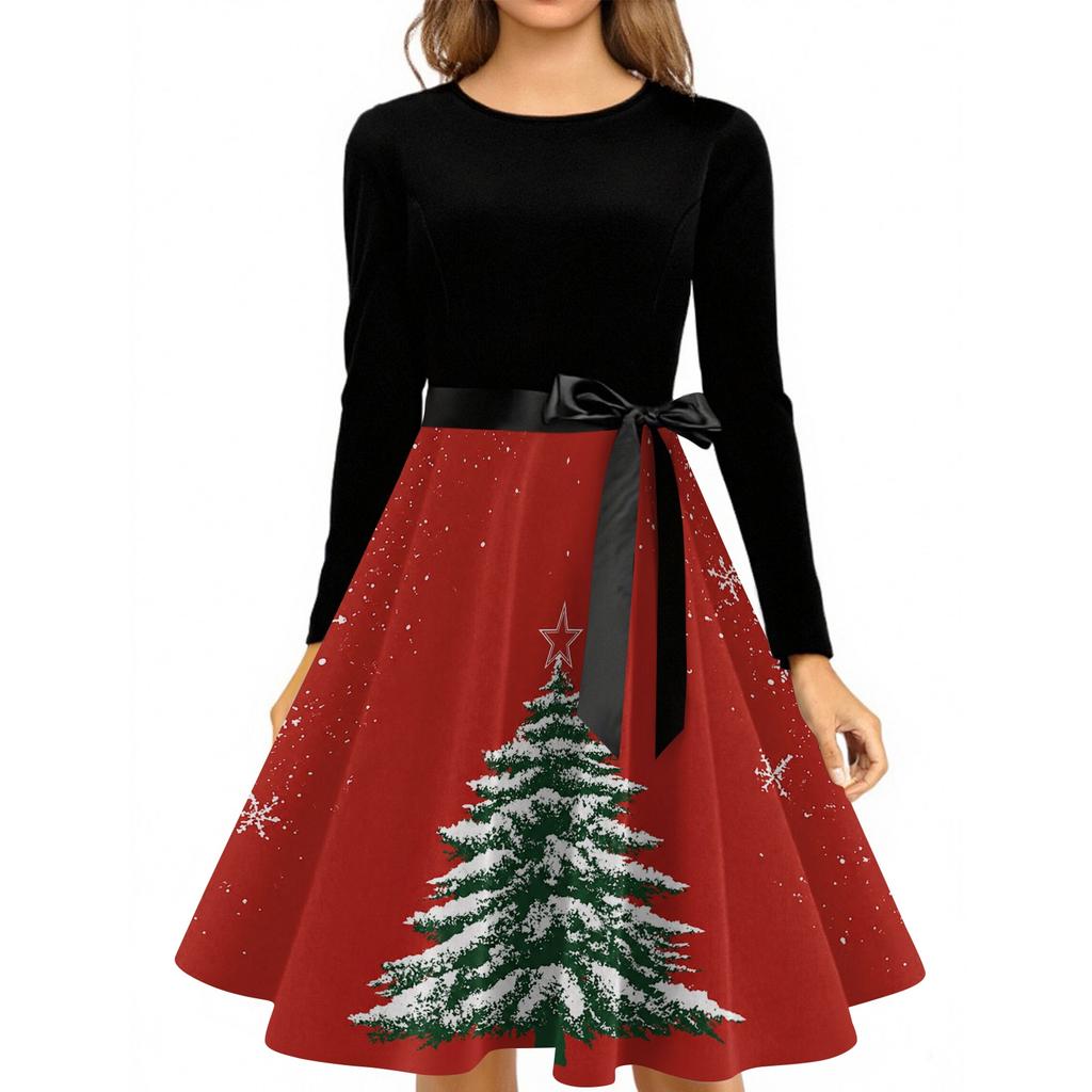 Women's Casual Vintage Christmas Print Neck Dress