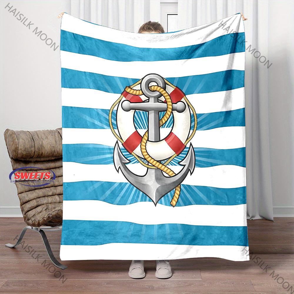 Striped Navy Style Nautical Compass Anchor Printed Blanket Bedroom Living Room Sofa Chair Office Nap Shawl Blanket Holiday Gift