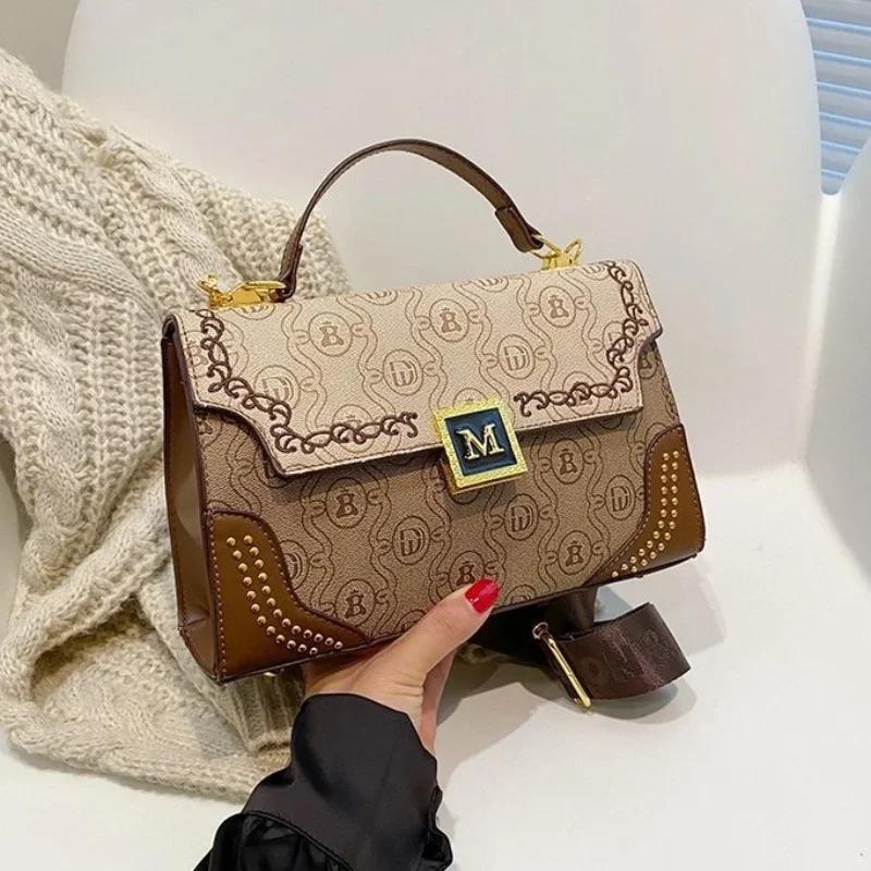 Wide Shoulder Strap PU Handbag for Ladies  Letter  Flower  Girl  Retro Print  Crossbody Bag  Metal Decoration  Fashion